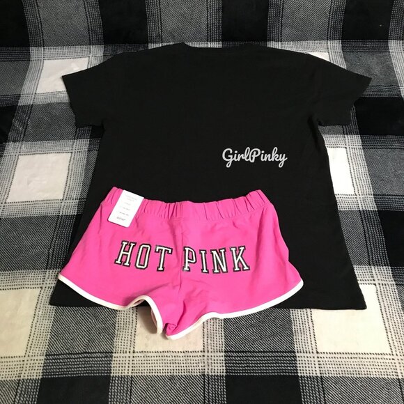 VS PINK PINK GOSSIP GLITTER COTTON MODAL MICRO SHORTS CAMPUS TEE IN SIZE LARGE - Picture 9 of 10